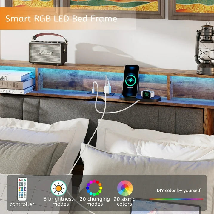 Sesslife Queen Size LED Bed Frame with Pet Bed, Platform Bed with Upholstered Storage Headboard and Charging Station, Modern Wood Bed Frame with Large Under Bed Storage, No Box Spring Needed, Brown