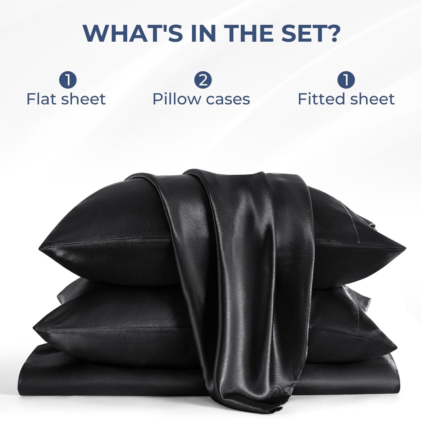 TURKIO Satin Sheets Queen Silk Sheets Black Bed Sheet Set,4 Pieces 1800 Microfiber 2 Pillowcase 20"x30"