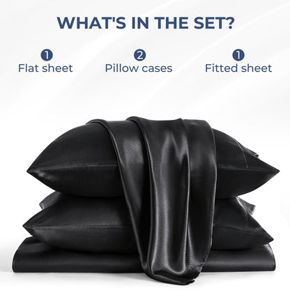 TURKIO Satin Sheets Queen Silk Sheets Black Bed Sheet Set,4 Pieces 1800 Microfiber 2 Pillowcase 20"x30"