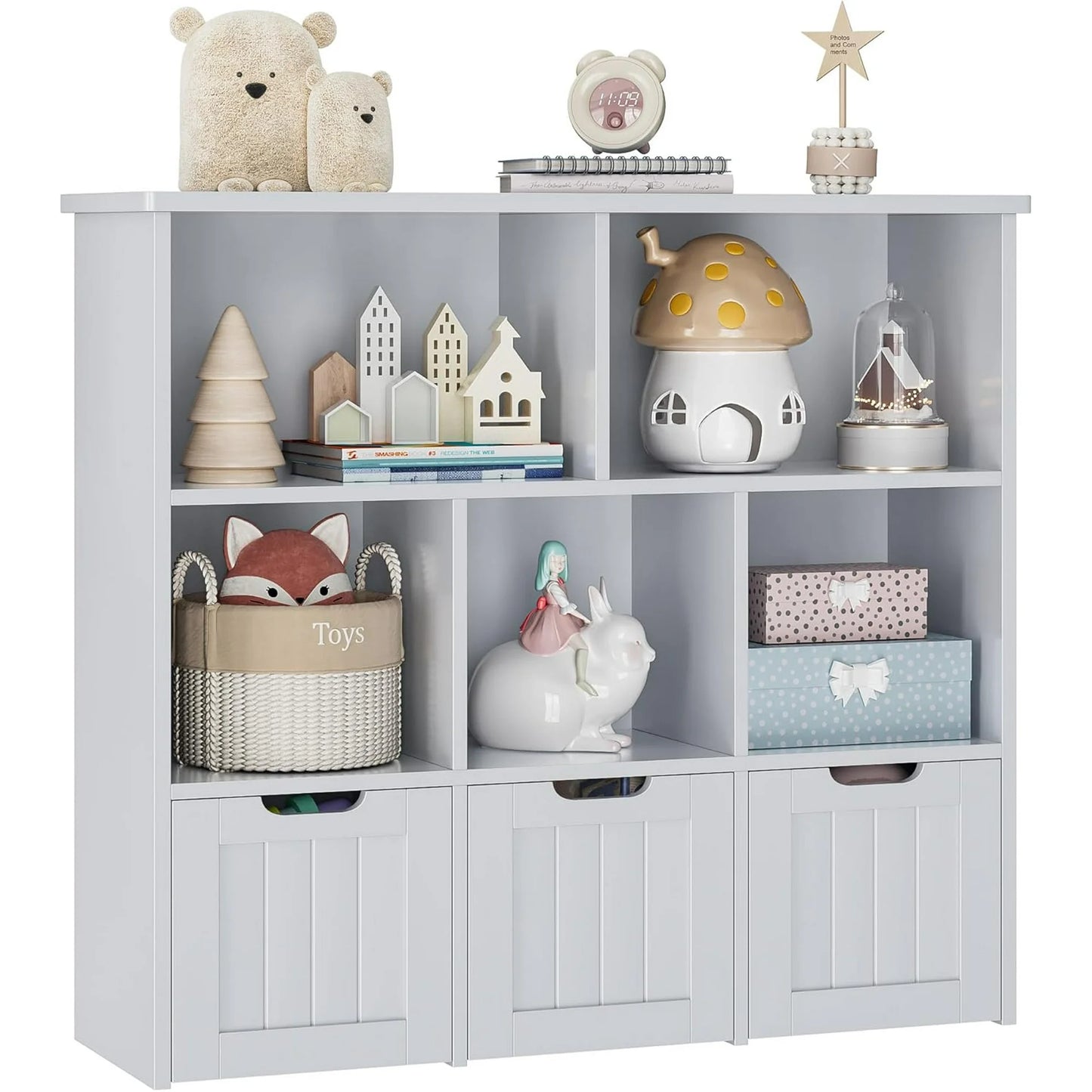 Kids Bookshelf and Toy Organizer, Wooden Kids Bookcase, Toddler Montessori Bookshelf with 3 Movable Drawers, Toy Storage Organizer for Kids Room, Living Room, Nursery