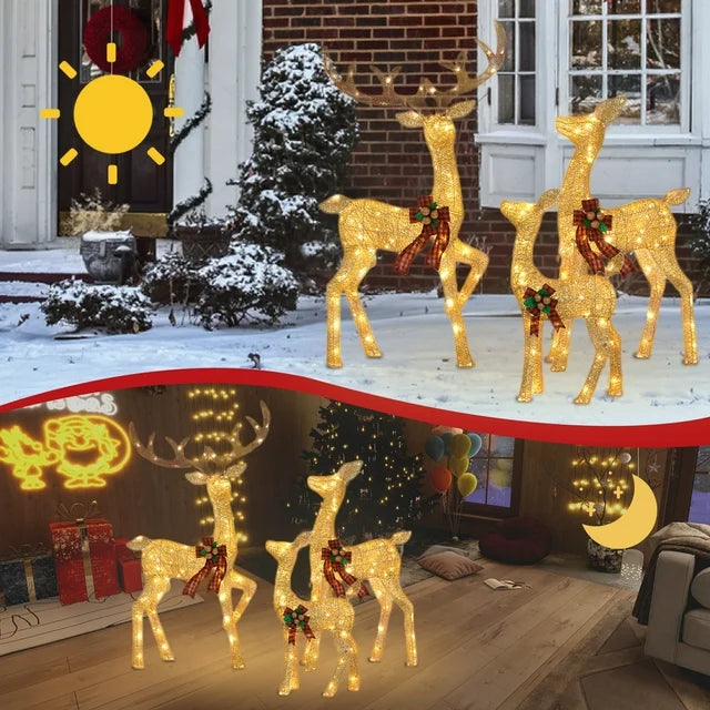 FOOWIN 3-Piece Large Christmas Deer Family, Lighted Outdoor Decoration, Gold