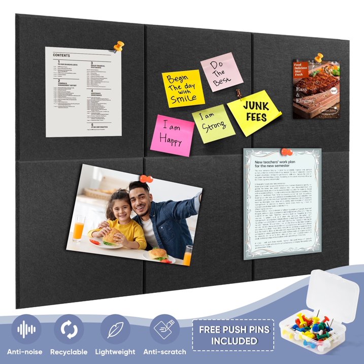 VUSIGN Large Cork Board for Wall 36" x 24", Black Bulletin Board, 6 Pack Felt Wall Tiles with 30 Pushpins, Notice Board for Home Office Kitchen
