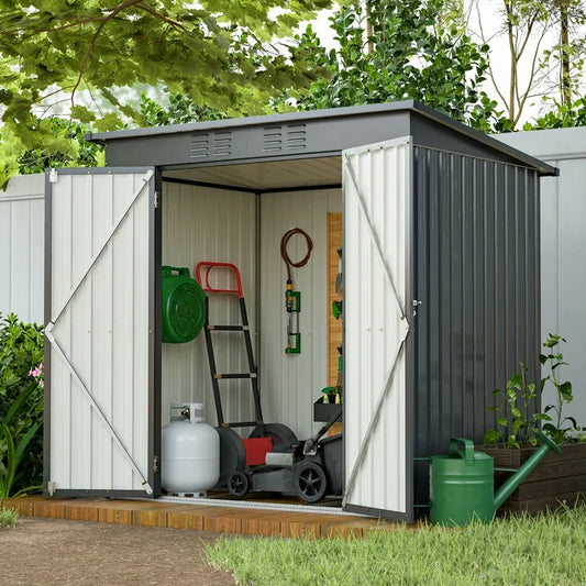 6 x 4 ft Outdoor Storage Shed with Floor Base, Metal Garden Storage Shed with Lockable Door, All Weather Outdoor Garden Tool Shed with Air Vent, Outside Storage Sheds for Backyard Patio Lawn, Black