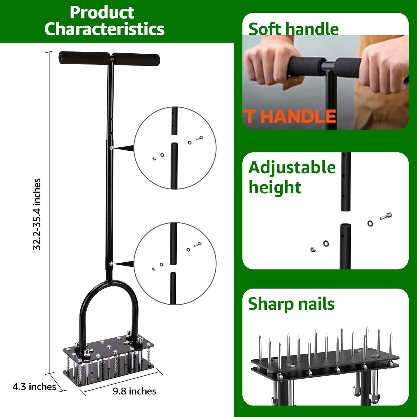 Manual Lawn Aerator Tool – Heavy-Duty Design with 15 Iron Spikes – Automatic Dirt and Leaf Cleaning – Height-Adjustable for Customized Use – Perfect for Aerating Lawns, Yards, and Grass (Black)