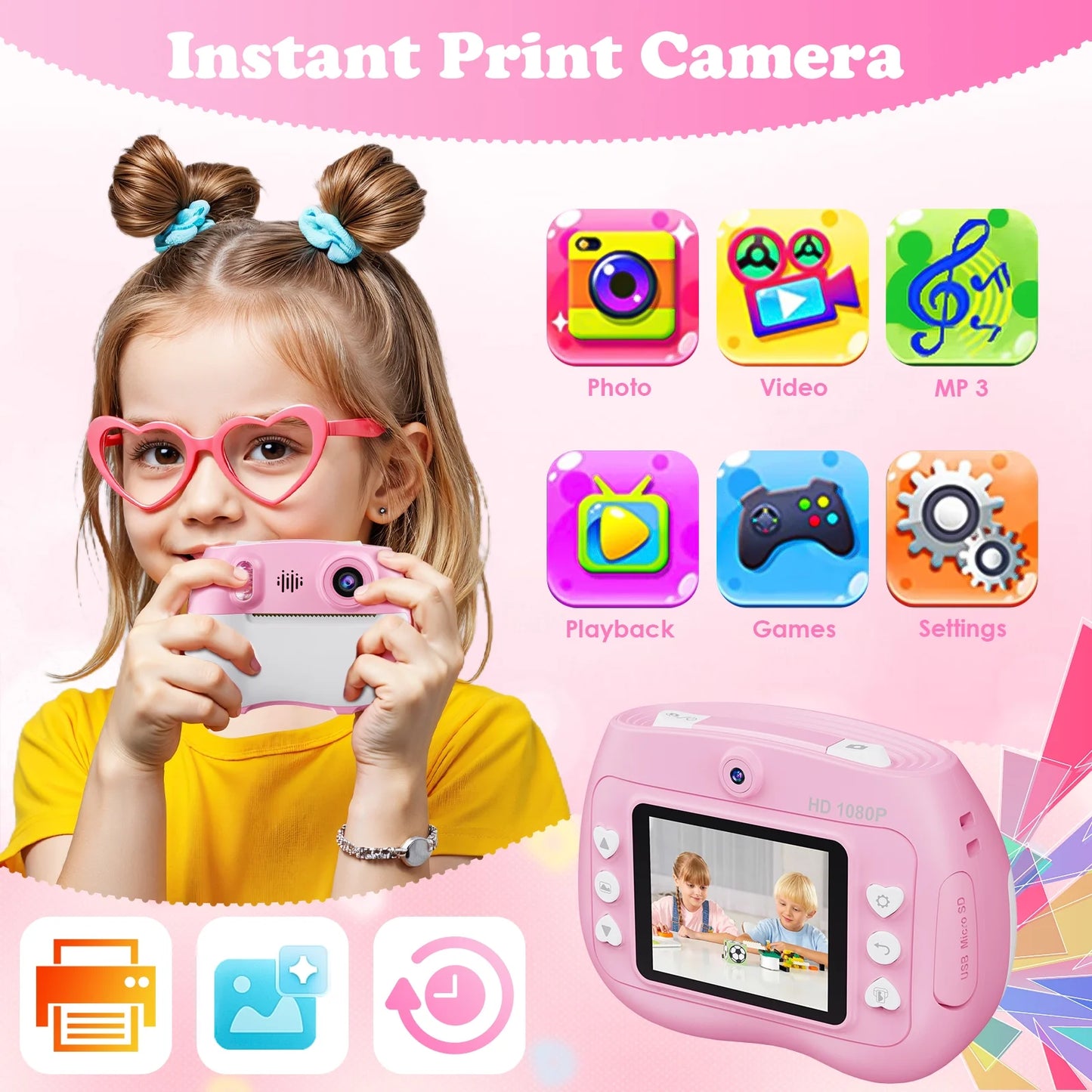 TOPVISION Kids Camera with Instant Printing, 1080P HD Digital Cameras with 32GB Storage Card  4 Paper Rolls, Gift for Boys  Girls Ages 4 12  Pink