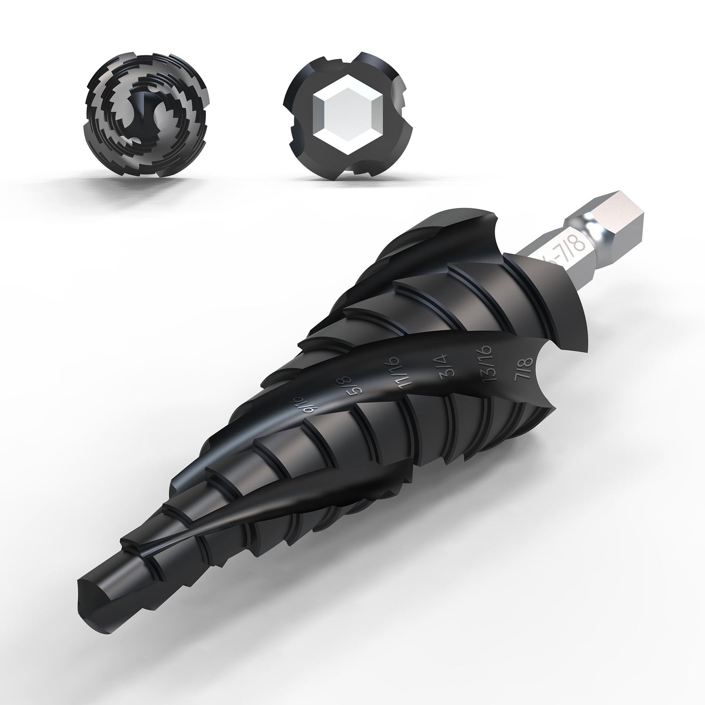 Four Spiral Flute Step Drill Bit, 3/16 - 7/8(12 Sizes) 1/4 Hex Shank Cobalt Step Drill Bit Fully Coated with TiAlN for Metal, Stainless Steel, Aluminum, Plastic
