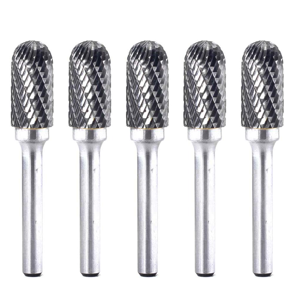 5pcs SC-5 Tungsten Carbide Burr Cylinder Shape with Radius End Double Cut Rotary Burr File(1/2 Cutter Dia X 1Cutter Length) with 1/4'' shank, pack of 5