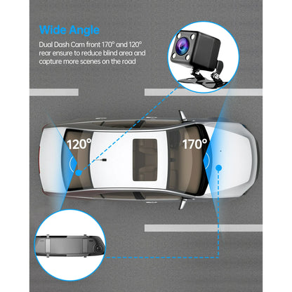 TOGUARD 720P Dual Dash Camera Front and Rearm, 4.3" Full Touch Screen, Rear View Mirror Camera, Night Vision, Parking Assist, Loop Recording, G-Sensor