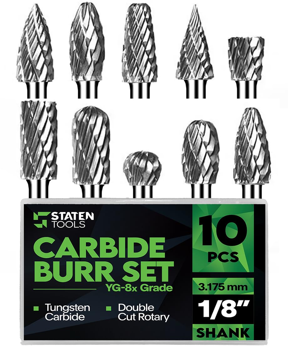 1/8 Carbide Burr Set ¨C 10 Pcs Double Cut Die Grinder Bits for Milling, Carving, Engraving, Drilling Wood & Metals ¨C YG-8x Carbide Drill Bit Set for Rotary Tools & Die Grinders
