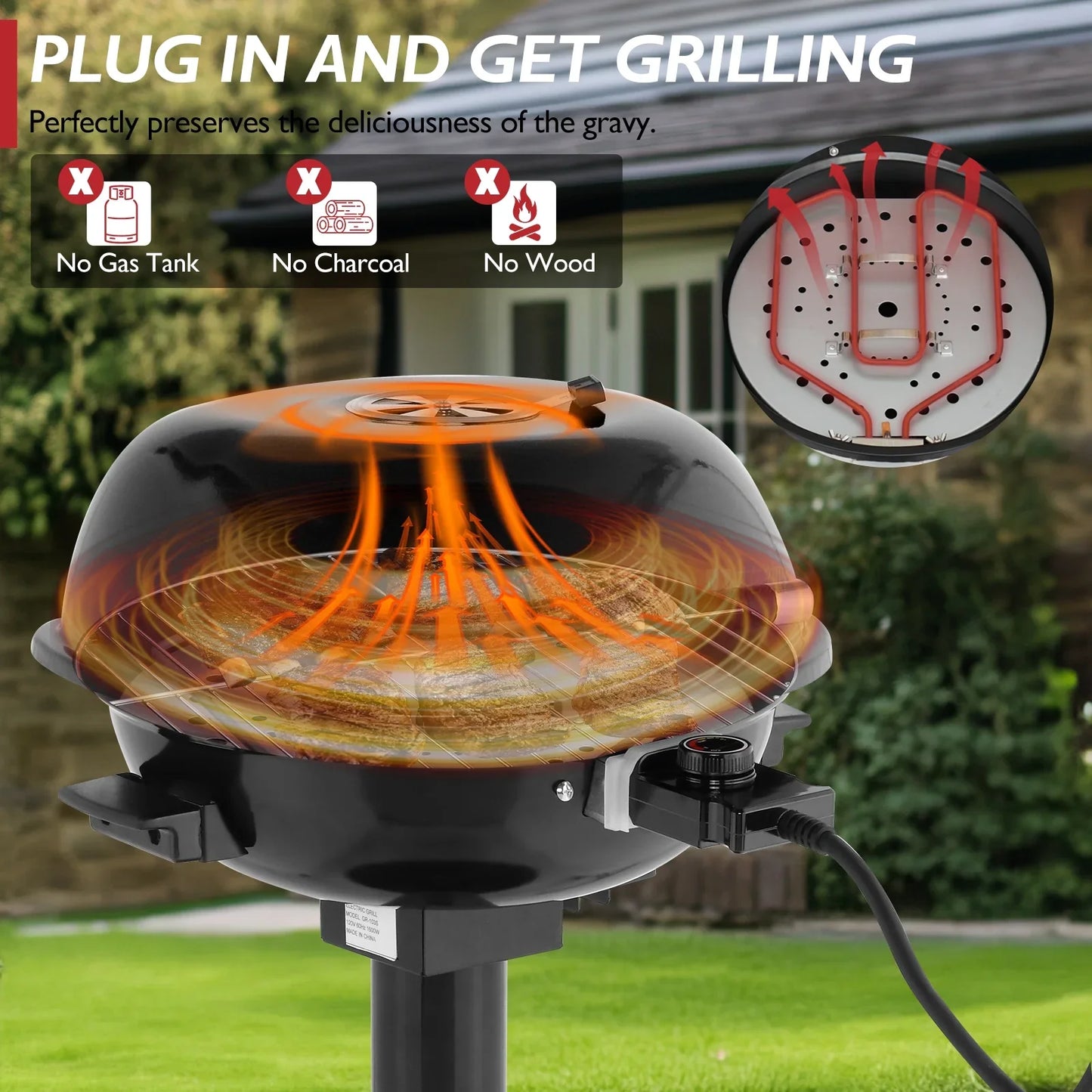 Zintown Grill Electric Grill Outdoor Standing Barbeque Grill Adjustable Temperature Control for Patio Backyad Black