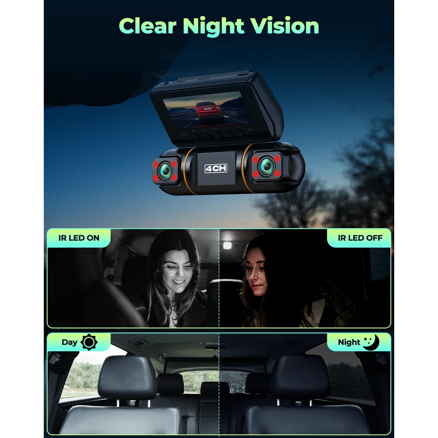 LAMTTO 4 Channel Dash Cam Front and Rear Inside with Hardwire Kit for 24h Security Parking Monitor, 1080p FHD 360 Degree View Dash Camera, IR Night Vision Dashcam, G-Sensor, Free 128GB Card