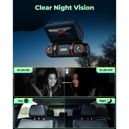 LAMTTO 4 Channel Dash Cam Front and Rear Inside with Hardwire Kit for 24h Security Parking Monitor, 1080p FHD 360 Degree View Dash Camera, IR Night Vision Dashcam, G-Sensor, Free 128GB Card