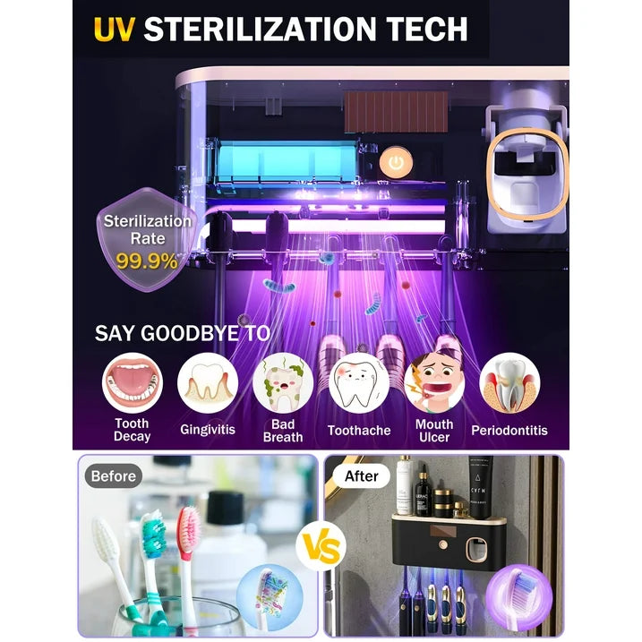 Toothbrush Holders for Bathrooms, UV Toothbrush Sanitizer Wall Mounted with Toothpaste Dispenser, Large Capacity Tray, Tooth Brushing Holder  Bathroom Accessories