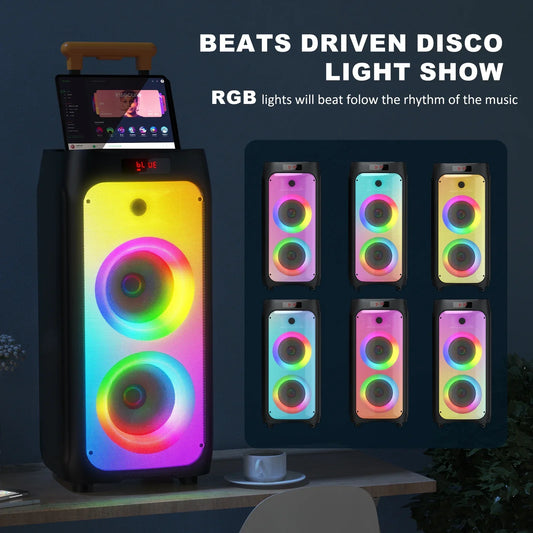 FanFun Large Karaoke Machine for Adult, Home Karaoke System with DJ Light, Karaoke Speaker with Wheels & Trolley Bar, Big Bluetooth Speaker with 2 Microphones for Outdoor Party, Deep Bass PA System