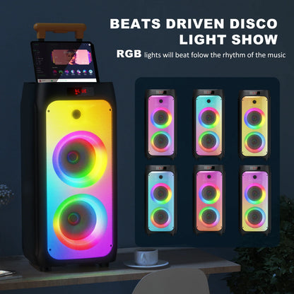 FanFun Large Bluetooth Speaker, 23.82" Big Party Speaker with Wheels, Trolley Bar, DJ Light, 500W Peak Power, Deep Bass Portable Outdoor Speaker System with Karaoke Microphone, Usb, Aux in