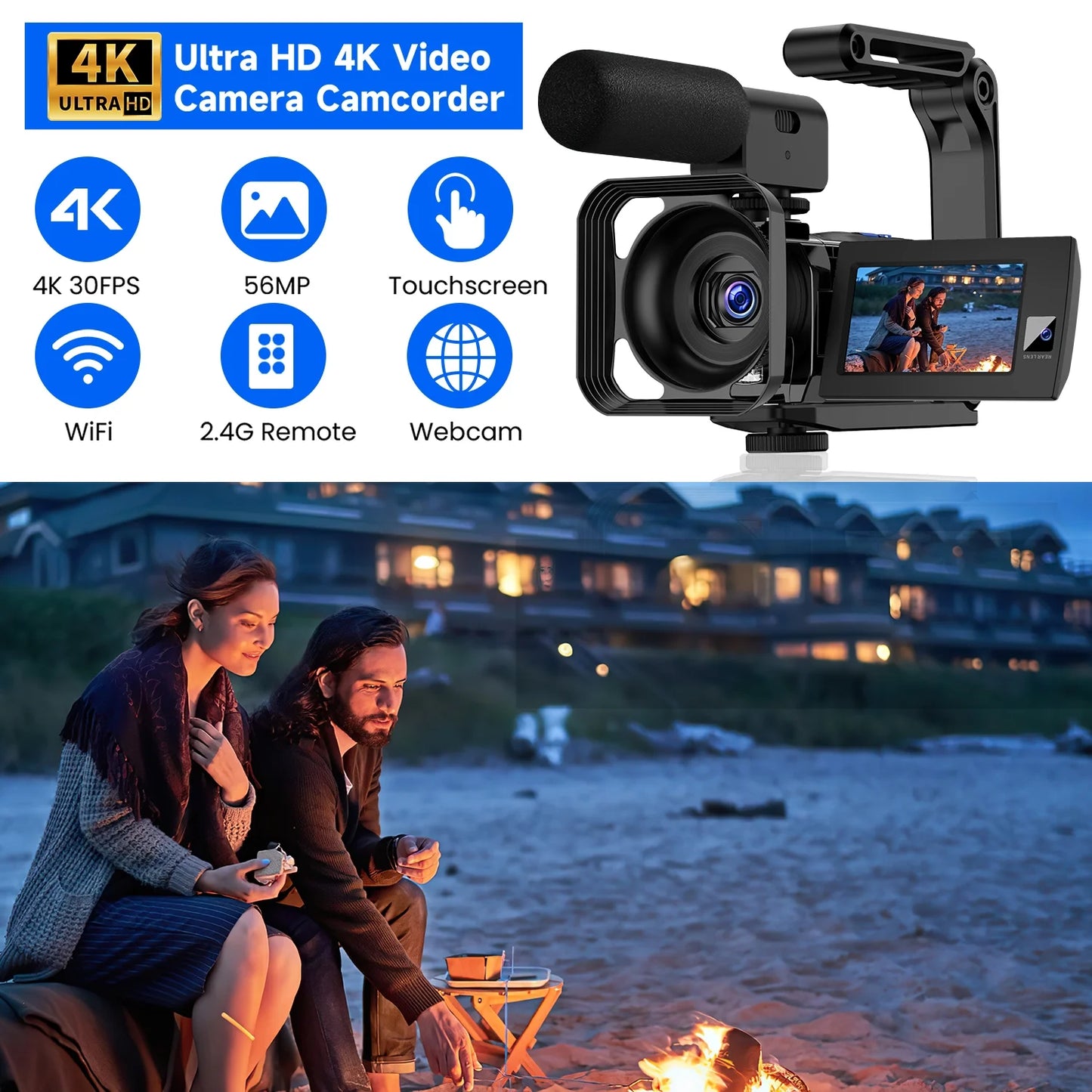 Campark AC09 4K 30FPS Video Camera 56MP Photo Dual Lens 3”Touch Screen Digital Camcorder for Vlogging Youtube