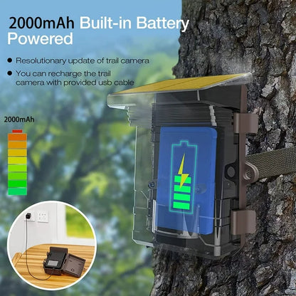CAMPARK Solar Powered Trail Camera 48MP 4K Hunting Game Camera with Night Vision Motion Activated Waterproof IP66 Loop Recording 0.1s Trigger Time Deer Trail Cam Built-in 2000mAh Battery