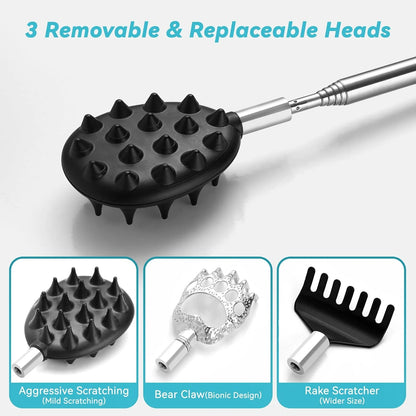 Telescoping Back Scratcher with 3Pcs Detachable Scratching Heads, Stocking Stuffers for Men Back Scratcher for Men/Women,Dual Sides/Paw/Rake Scratcher Christmas Gifts for Men Women