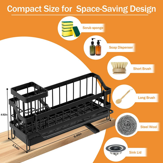 Aovky Sponge Holder for Kitchen Sink, Sink Caddy with High Brush Holder, 360°Self Drain Kitchen Sponge Caddy Organizer with Removable Dishcloth Rack for Countertop Storage Dish Soap Dispenser