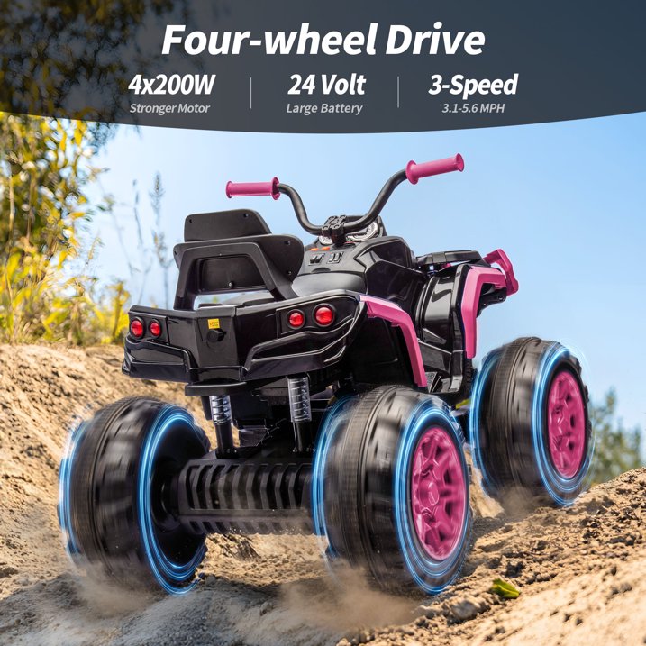 Hikiddo 24V Kids ATV 4-Wheeler, 24 Volt 4WD Ride on Toy for Big Kid w/ 4x200W Motor, 5.6Mph Max Speed - Pink