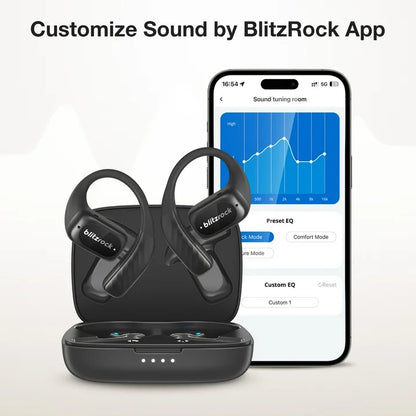 BlitzRock Open Ear Wireless Earbuds, APP Support, Deep Bass, Bluetooth V5.4 Headphone, IPX5 Waterproof Sport Earphone