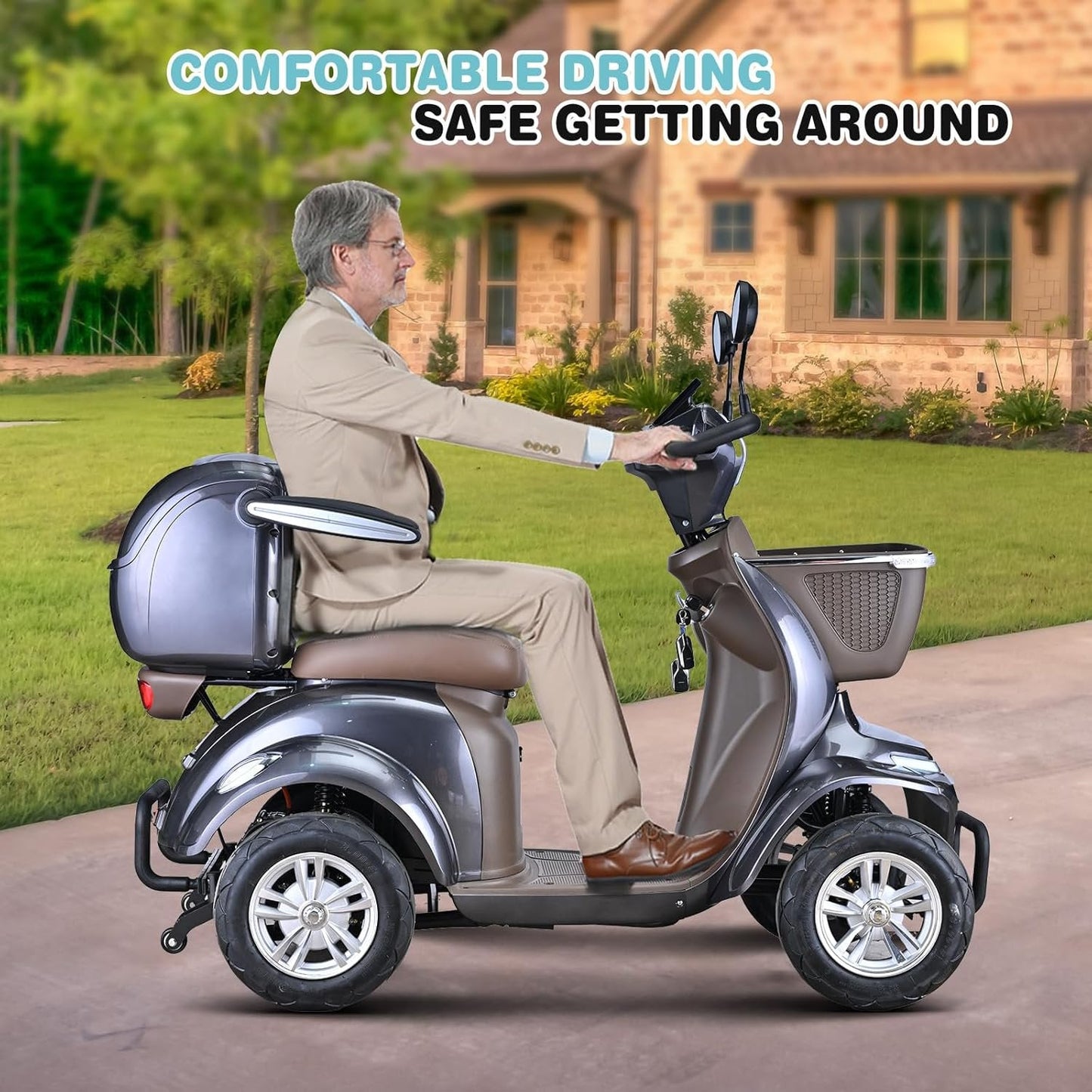 4 Wheel Electric Powered Mobility Scooter Wheelchair for Adults  Seniors  Pre Assembled in USA, 500lbs Capacity, 25 31 Miles Range, 3 Speed Up to 15 MPH, 800W Motor Power (Brown)