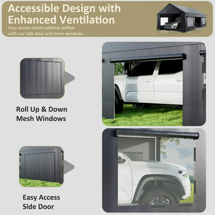 NETAJE 12'x20' Heavy Duty Portable Outdoor Garage Carport with Side-Opening Door, Roll-up Windows, Four-Hole Base for Car, Black