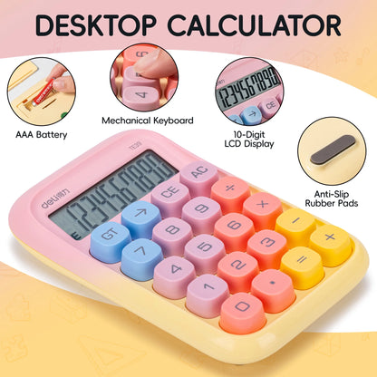 Deli Mechanical Switch Calculator with Battery, 10 Digit Large LCD Display, Big Buttons, Yellow