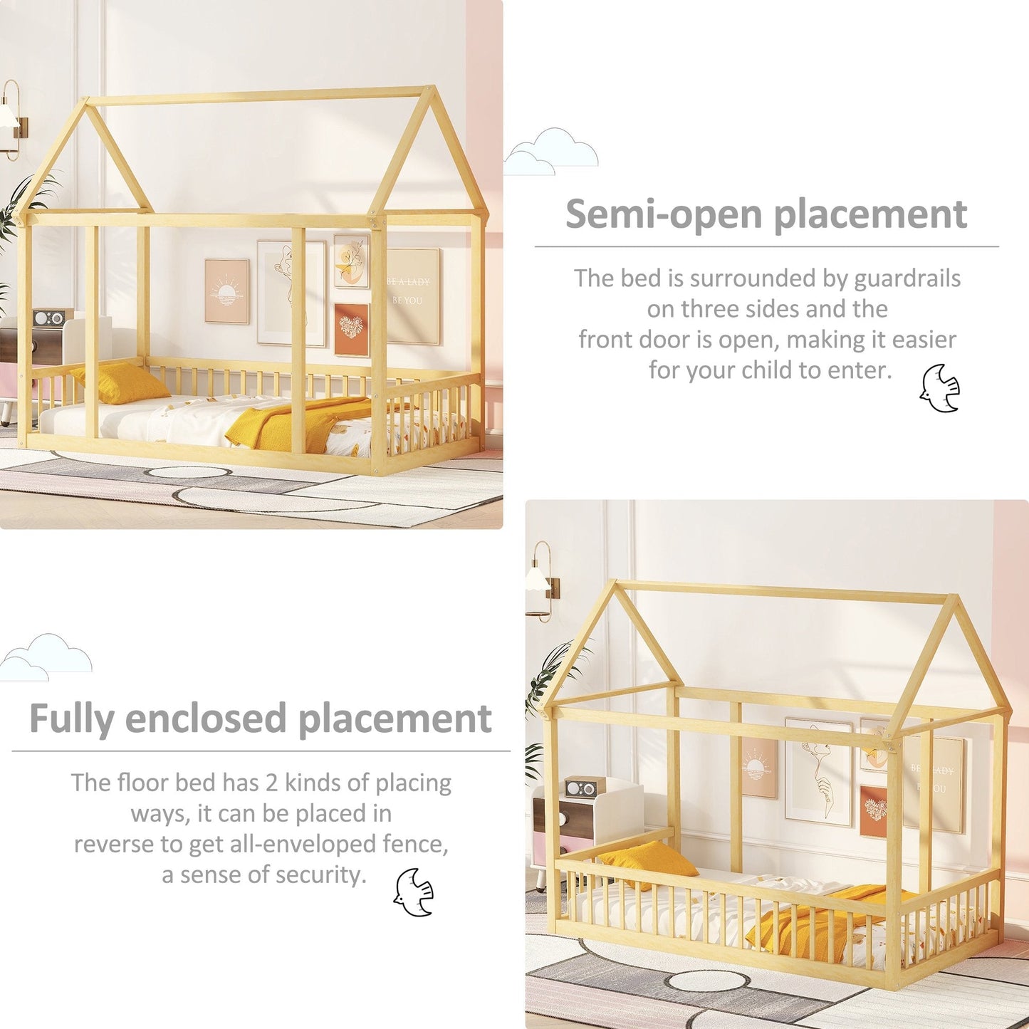 VLDTDRDI Twin Floor Bed with Door and High Fence,Pine Wood Kids Bed,House Bed for Kids, Girls, Boys, Floor Bed Without Slats,Natural