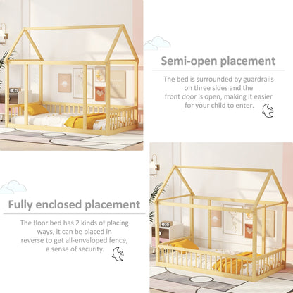 VLDTDRDI Twin Floor Bed with Door and High Fence,Pine Wood Kids Bed,House Bed for Kids, Girls, Boys, Floor Bed Without Slats,Natural
