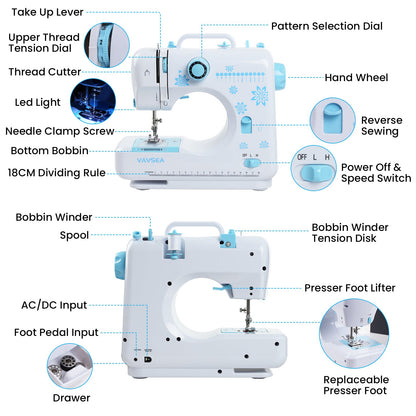 Sewing Machine with Extension Table, Portable Sewing Machine with Accessory Kit, LED Light, 12 Built-in Stitches, Sewing Kit for Household Use, Perfect for Beginners, Blue