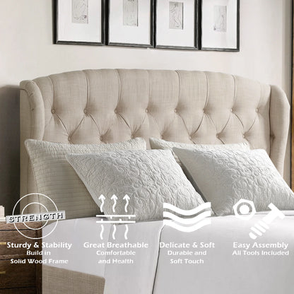 Queen Size Classical Bed Frame with Adjustable Button Tufted Headboard, Fabric Upholstered Platform Bed Frame for Bedroom, Strong Wooden Slat Support, Easy Assembly, Beige
