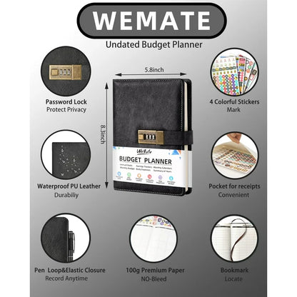 WEMATE Budget Planner, Monthly Budget Book with Lock, Expense & Bill Tracker, Undated Financial Planner, Account Book to Take Control of Your Money (Black)