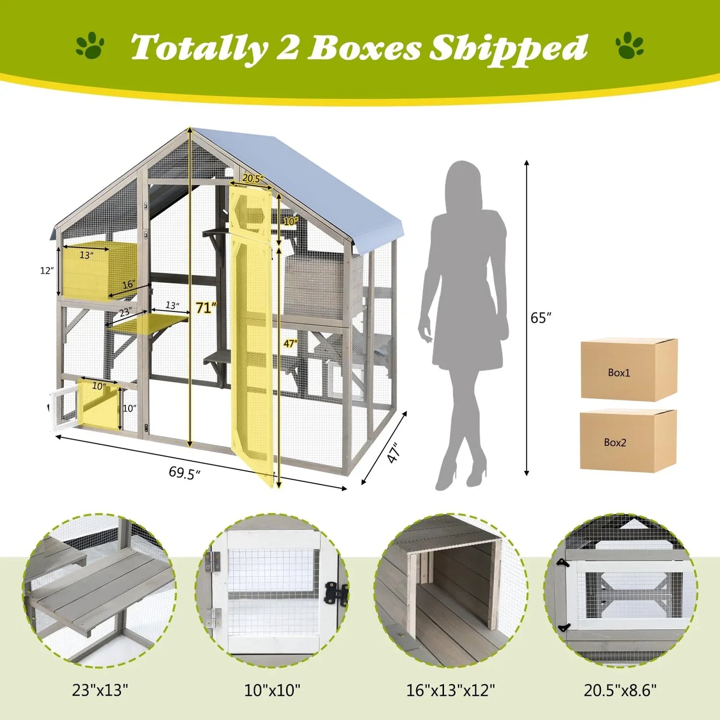 PETSCOSSET Cat Catio Outdoor Enclosure Outside Patio Large Catio House for Indoor 2-3 Cats Weatherproof Wooden Walk in Kitty Cage,Versatile Use for House's Window,Pet Doors, Tunnel