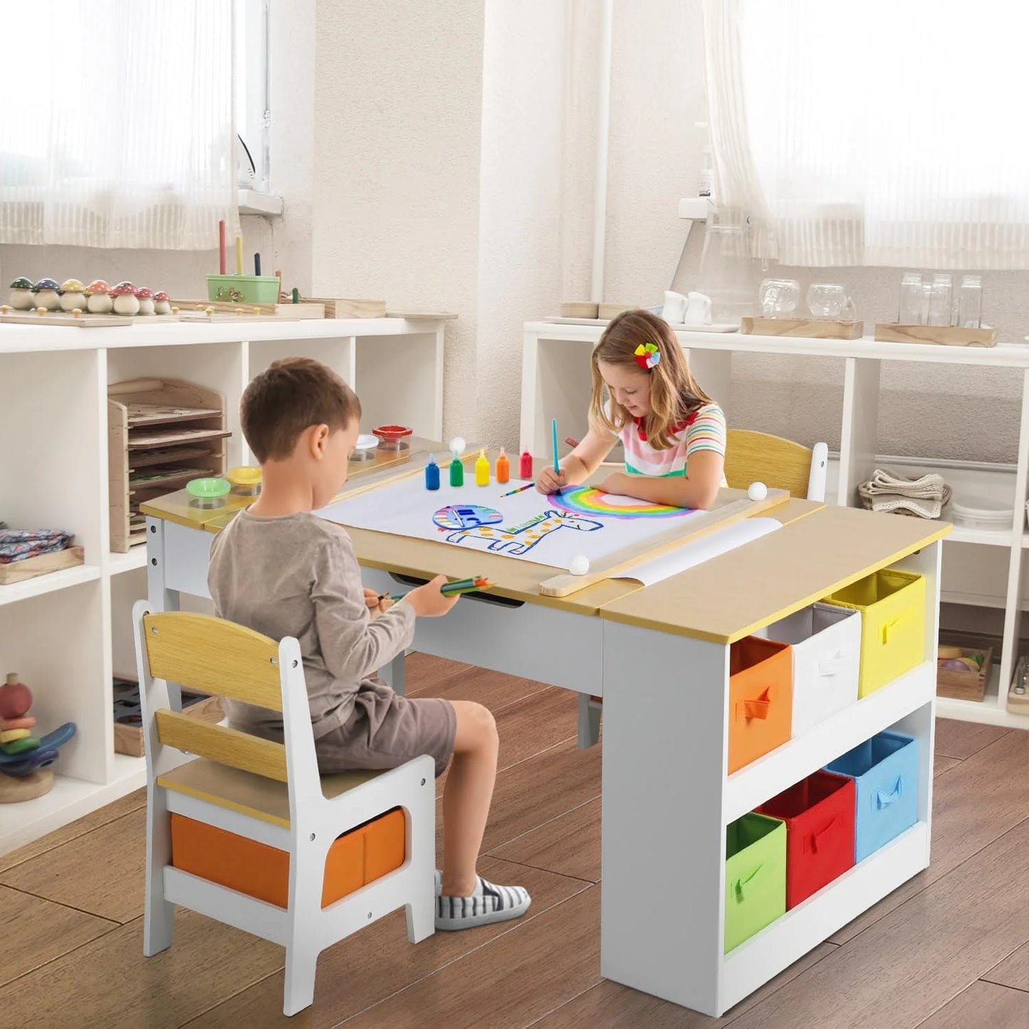 LINLUX 3 in 1 Kids Drawing Table and Chair Set with Art Easel, Toddler Activity Desk for Painting，Natural