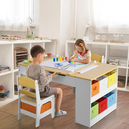LINLUX 3 in 1 Kids Drawing Table and Chair Set with Art Easel, Toddler Activity Desk for Painting，Natural