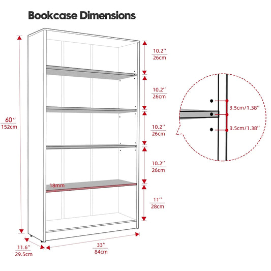 Farini 5 Tiers Bookcase, Wooden Bookcase with Adjustable Shelves for Home, Office, Mahogany