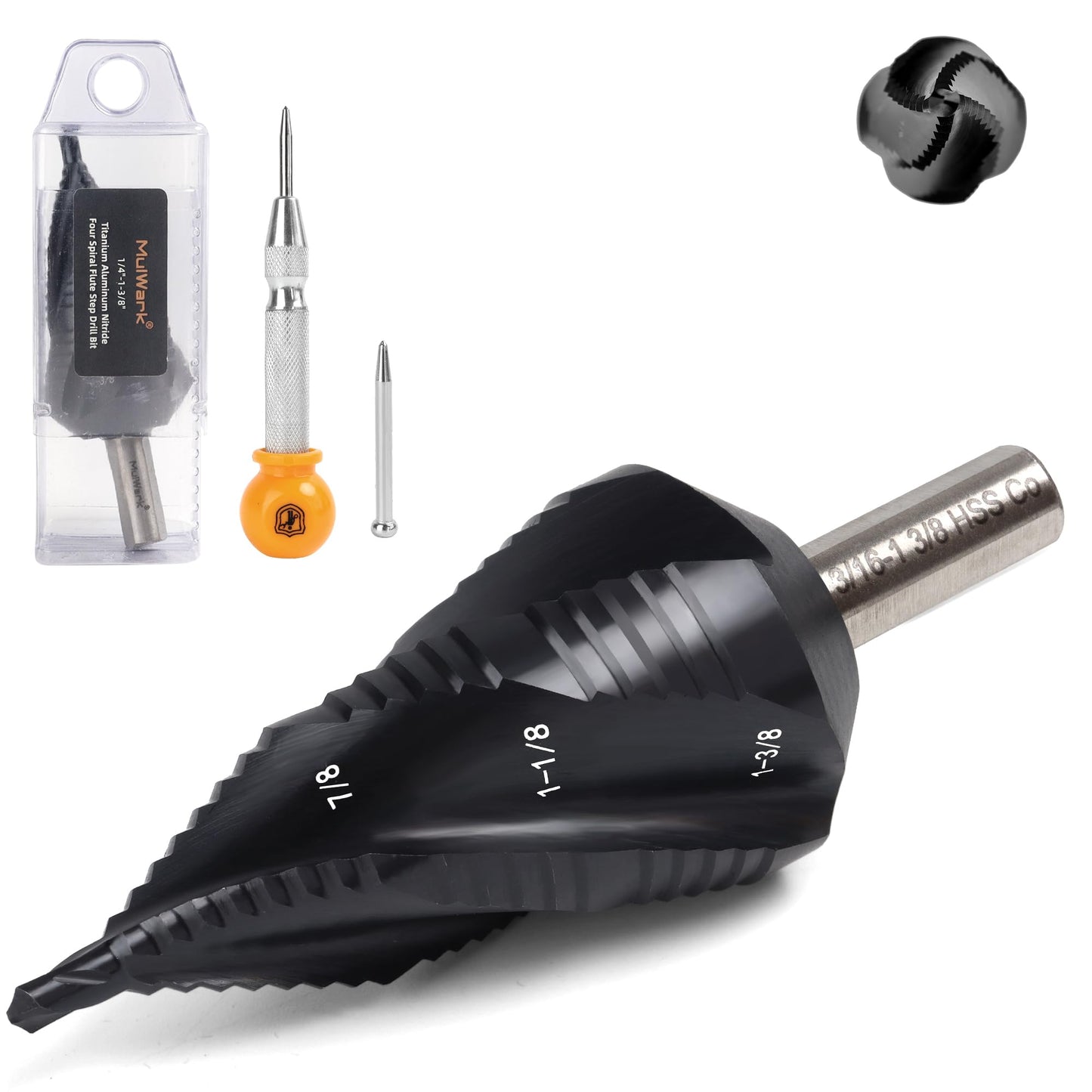 M35 Cobalt Step Drill Bit Set with Center Punch, TiAlN Coated Unibit(1/4-1-3/8), 4 Spiral Flute Hex Shank for Stainless Steel, Metal, Wood, Plastic