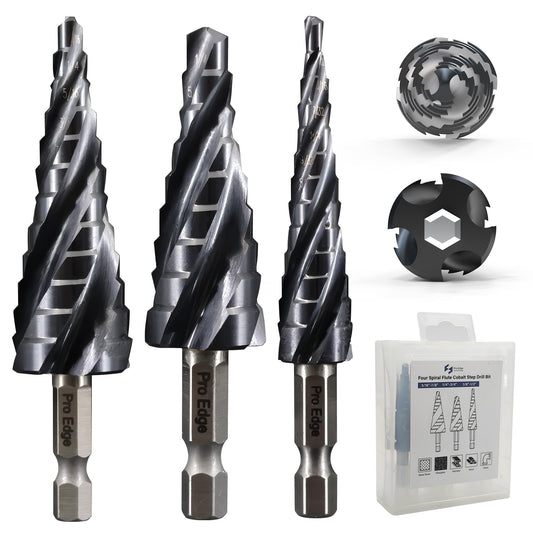 3 Pcs 1/8-7/8(34 Steps) Step Drill Bit Four Spiral Flute Cobalt Step Drill Bit Set Fully Coated TiAlN for Metal, Stainless Steel, Aluminum, Plastic, with 1/4 Hex Shank