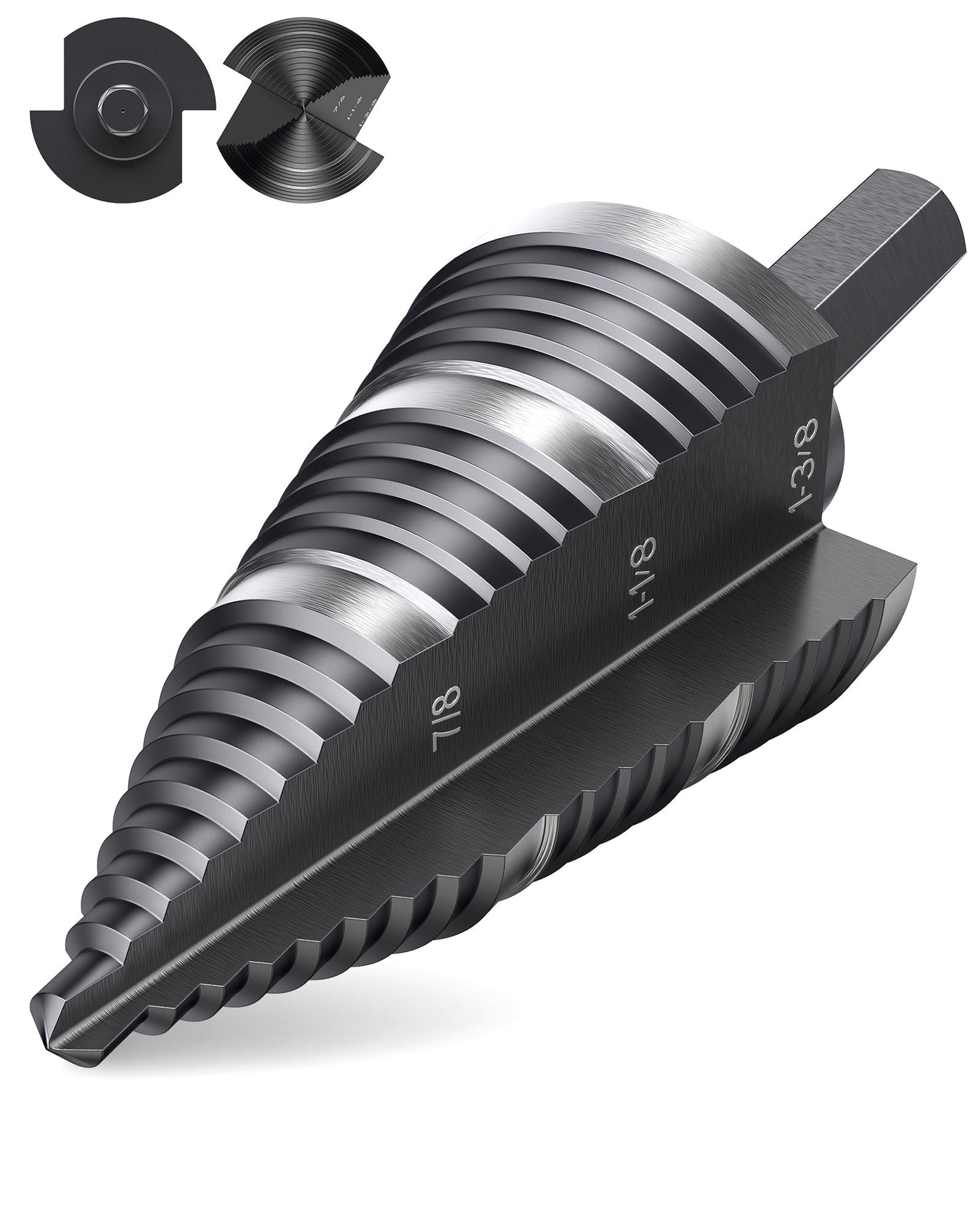 Double Fluted Step Drill Bit for Cutting Metal Hole 19 Sizes from 3/16 to 1-3/8 inch, Genuine High Speed Steel