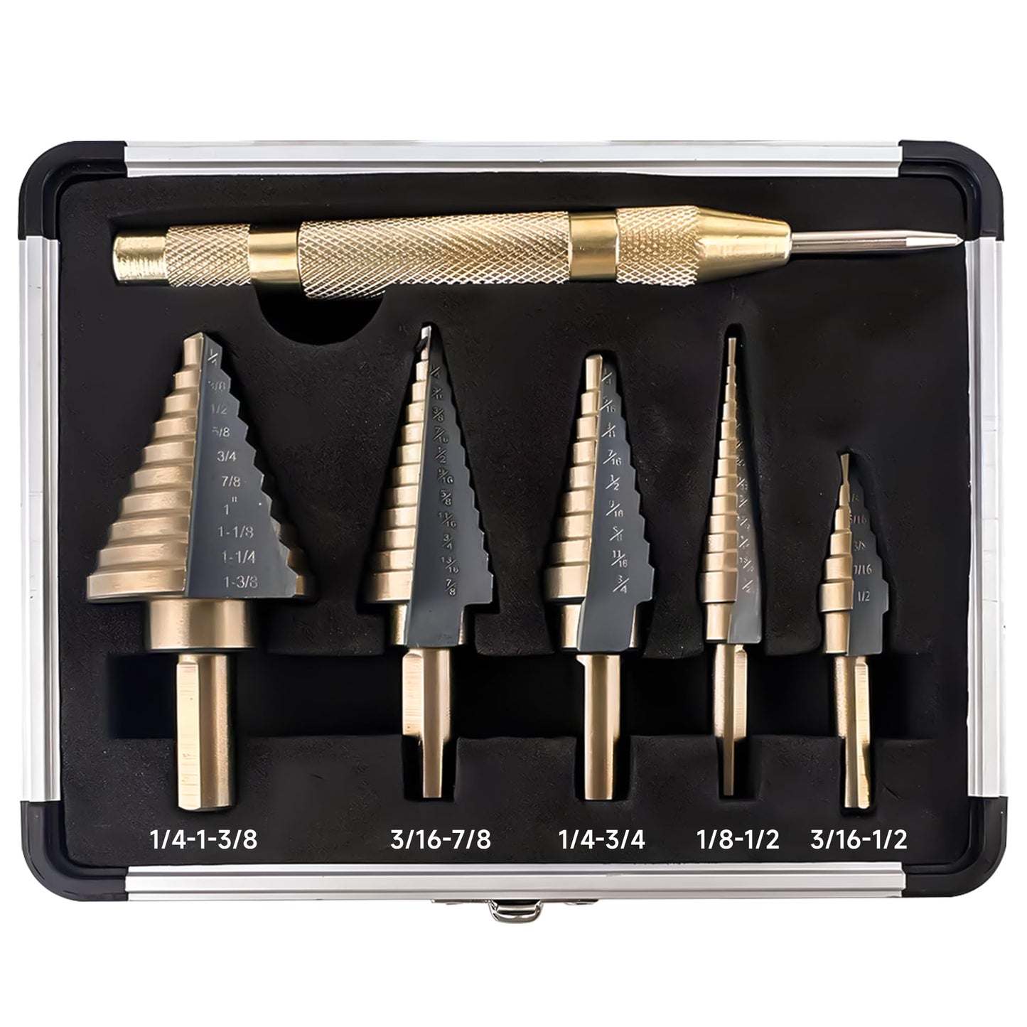 5pcs Step Drill Bits for Metal, Step Drill Bit Set 50 Sizes Tri-Flat Shank HSS Titanium-Coated with Center Punch for Aluminum, Wood, Plastic, with Aluminum Case, from Pro-Edge Technology