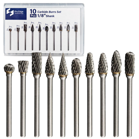10Pcs Carbide Burr Bits Set 1/8 Shanks for Dremel Rotary Tool Accessories with Double-Cut Die Grinder Bits for Metal Wood Stone Polishing Wood Working Carving Porting with Clear Storage Case