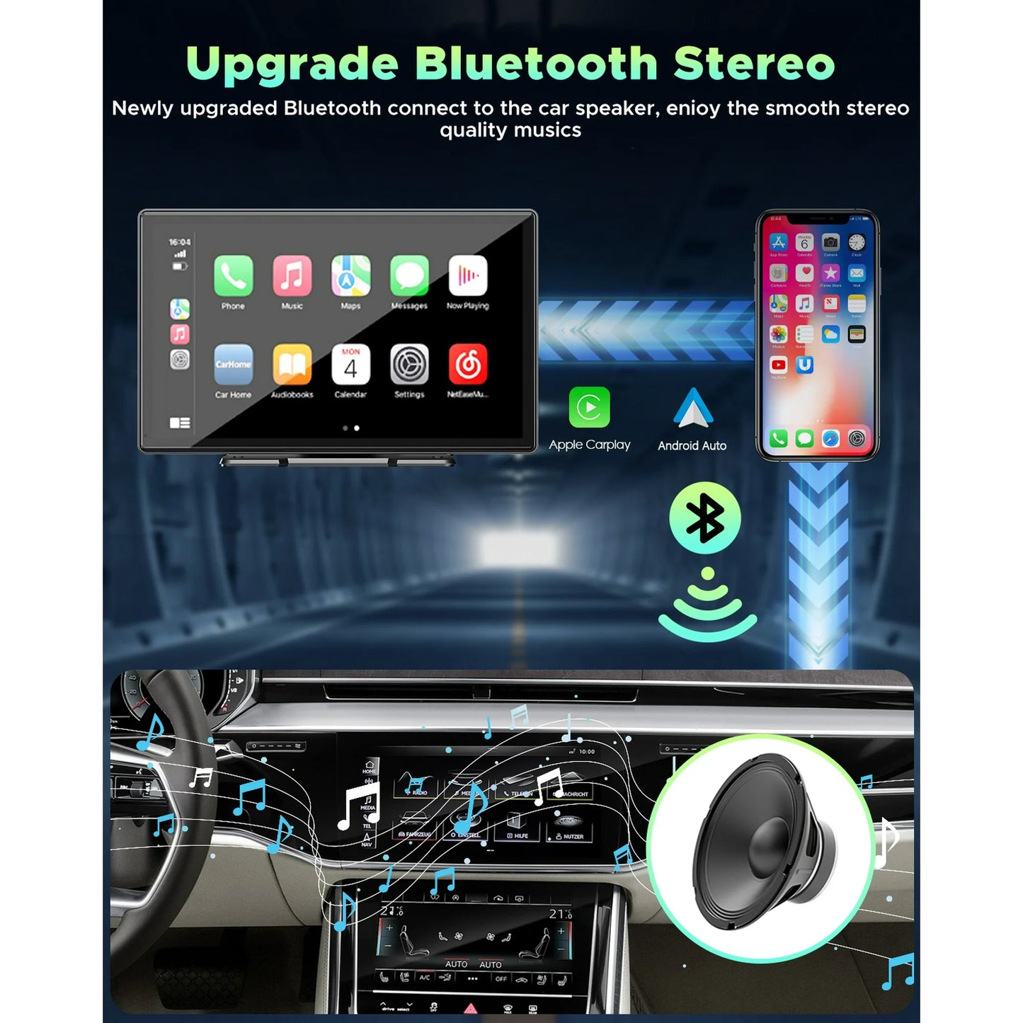 Lamtto Carplay Screen for Car,9-inch Portable Car Stereo Touchscreen with Apple CarPlay and Android Auto with Voice Control,Bluetooth,GPS Navigation for All Vehicles Balck