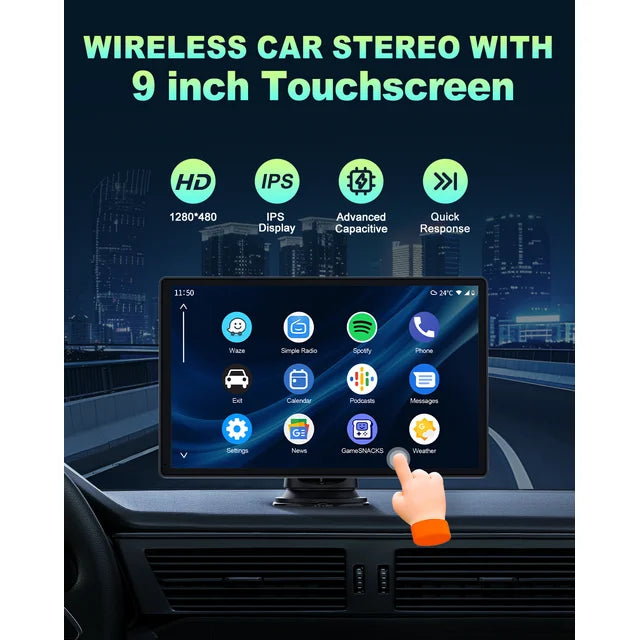 Lamtto Portable Car Stereo Wireless Apple CarPlay, 9" FHD Car Touch Sereen Radio with 1080P Backup Camera, Android Auto, Voice Control, Bluetooth, Mirror Link, GPS Navigation, Balck