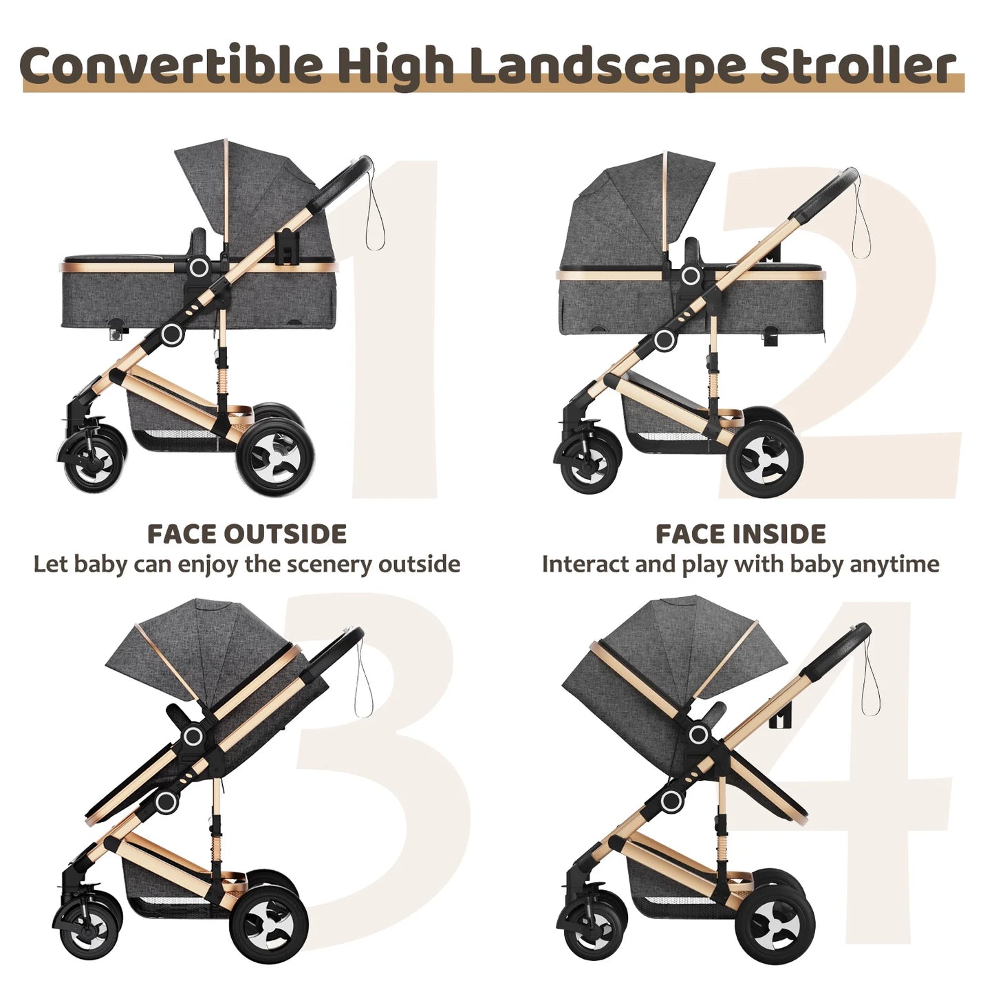 LINLUX 3 in 1 Convertible Baby Stroller, Infant Bassinet Stroller with Big Wheel, Kids Pushchair Rose Gold