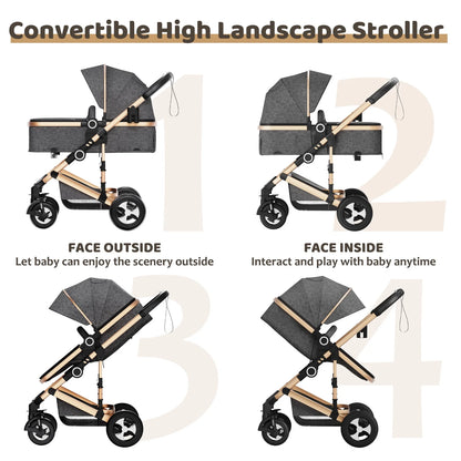 LINLUX 3 in 1 Convertible Baby Stroller, Infant Bassinet Stroller with Big Wheel, Kids Pushchair Rose Gold