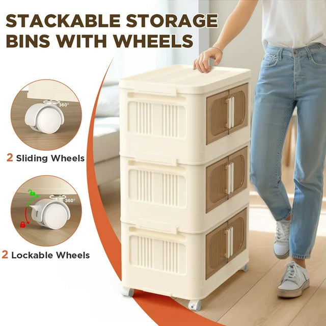 TNTANTS 3 Tiers Stackable Storage Bins with Lids and Wheels, Magnetic Dual Open Collapsible Storage Container, 80QT Folding Storage Box Bins for Closet Organizers, Home and Office, Beige
