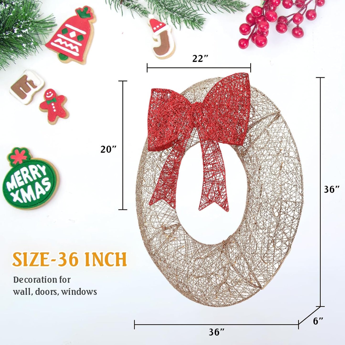 FOOWIN 48in Outdoor Christmas Wreath, 140 Lights Metal Christmas Decoration for Doors, Windows, Wall