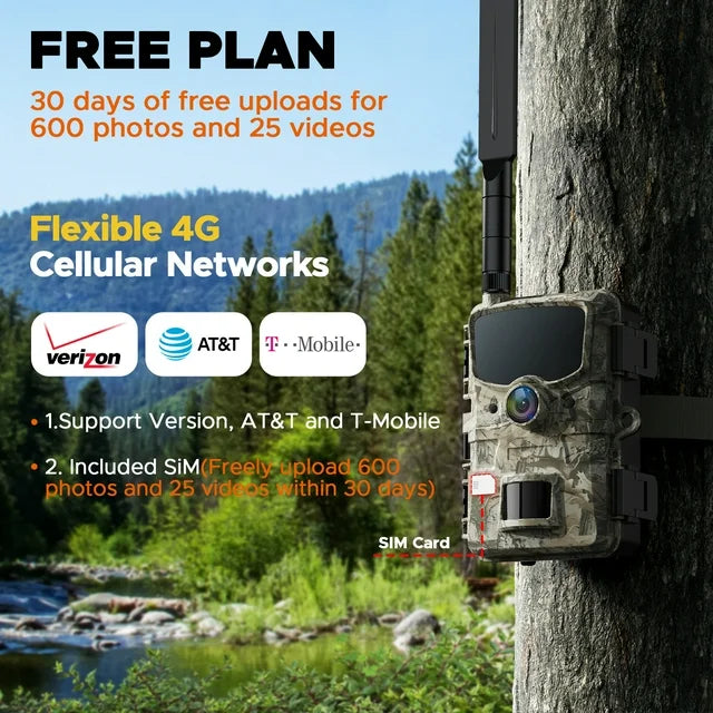 CAMPARK 4G Cellular Trail Camera, 1080P 24MP Hunting Game Camera with Live View and Motion Alerts, Low Glow Night Vision and IP66 Waterproof for Wildlife Monitoring