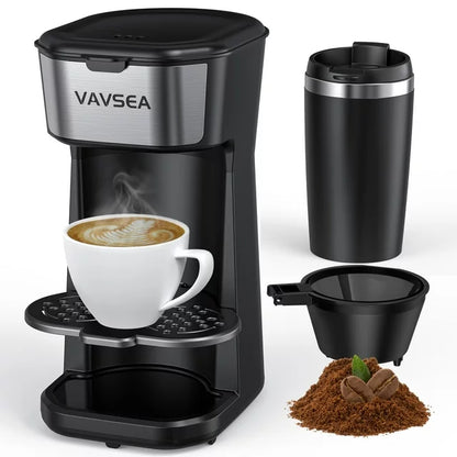 VAVSEA Single-Serve Coffee Maker Brewer with Thermal Travel Mug & Reusable Filter, 600W Coffeemaker for Ground Coffee